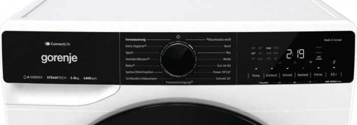 Пральна машина Gorenje фронтальна, 8кг, 1400, A+++, 55см, дисплей, інвертор, пара, Wi-Fi, білий