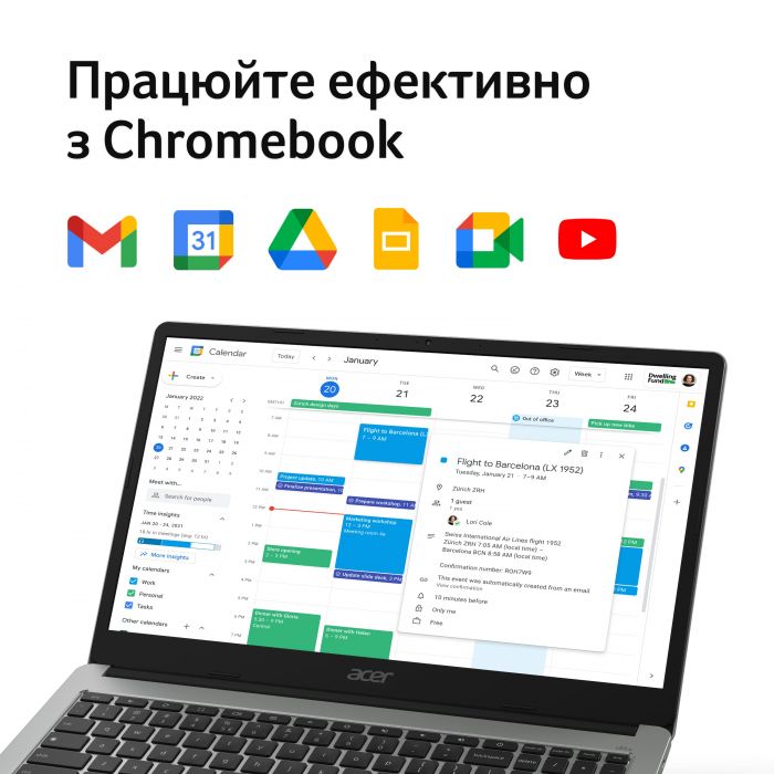 Ноутбук Acer Chromebook CB315-5H 15" FHD IPS, Intel C N100, 8GB, F128GB, UMA, ChromeOS, сріблястий