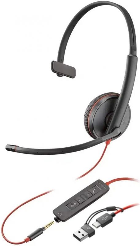 Гарнітура комп'ютерна моно On-ear Poly Blackwire 3215, USB-A, USB-C, 3.5 мм, всеспрямований, чорний