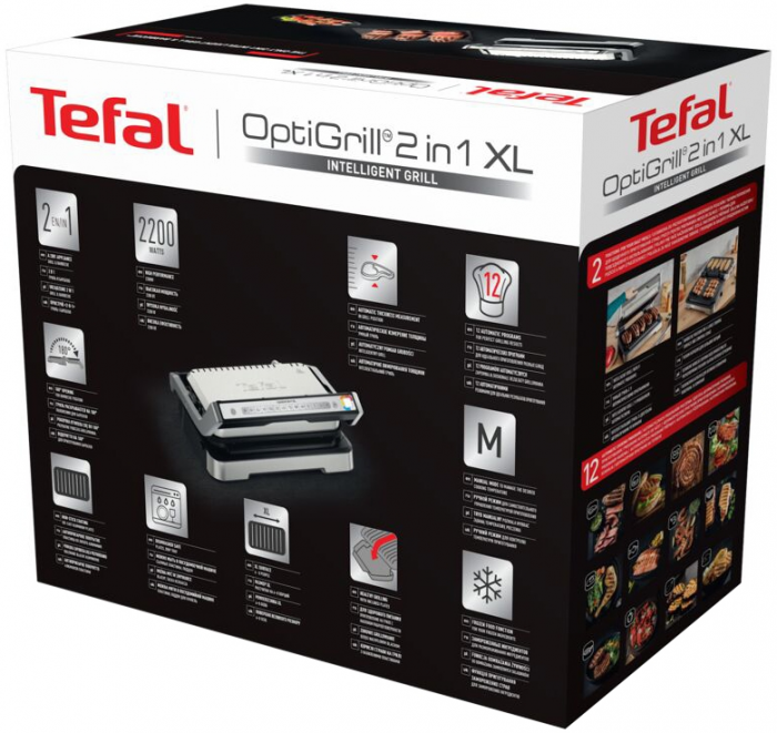 Гриль Tefal прижимний OptiGrill 2in1 XL 2200Вт, темп. режимів-4, з`ємні пластини, сенсор товщини продуктів, метал