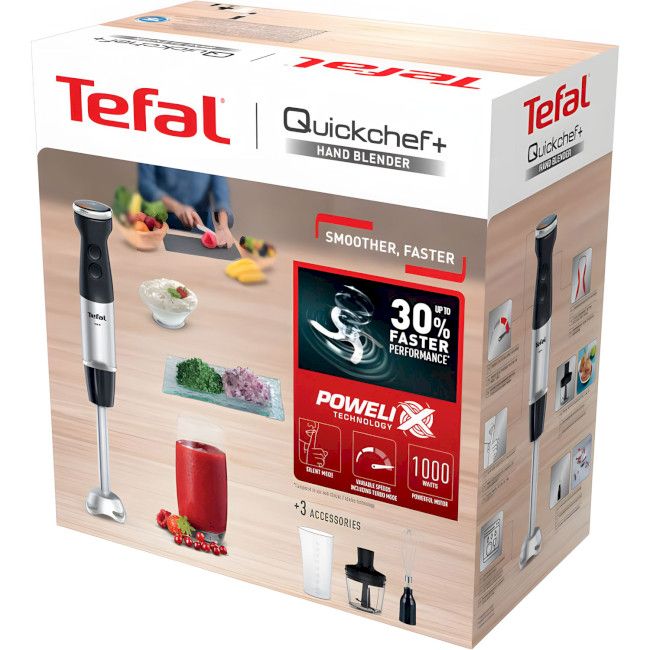 Блендер Tefal заглибний Quickchef+ 1000Вт, 3в1, чаша-800мл, чопер-500мл, турборежим, сріблясто-чорний