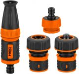 Набір для поливу Neo Tools 3/4", зрошувач ручний прямий, 2 конектори для шланга, конектор для крана 3/4"-1" Набір для поливу Neo Tools 3/4", зрошувач ручний прямий, 2 конектори для шланга, конектор для крана 3/4"-1"