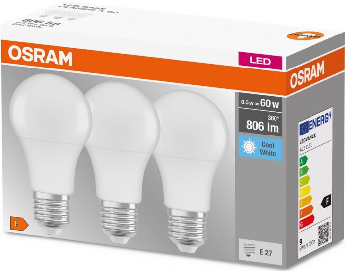 Набір ламп 3шт OSRAM LED E27 8.5Вт 4000К 806Лм A60
