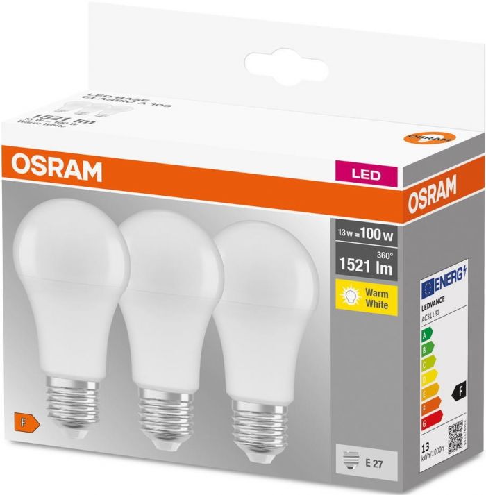 Набір ламп 3шт OSRAM LED E27 13Вт 2700К 1520Лм A60