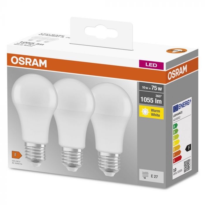 Набір ламп 3шт OSRAM LED E27 10Вт 2700К 1055Лм A60