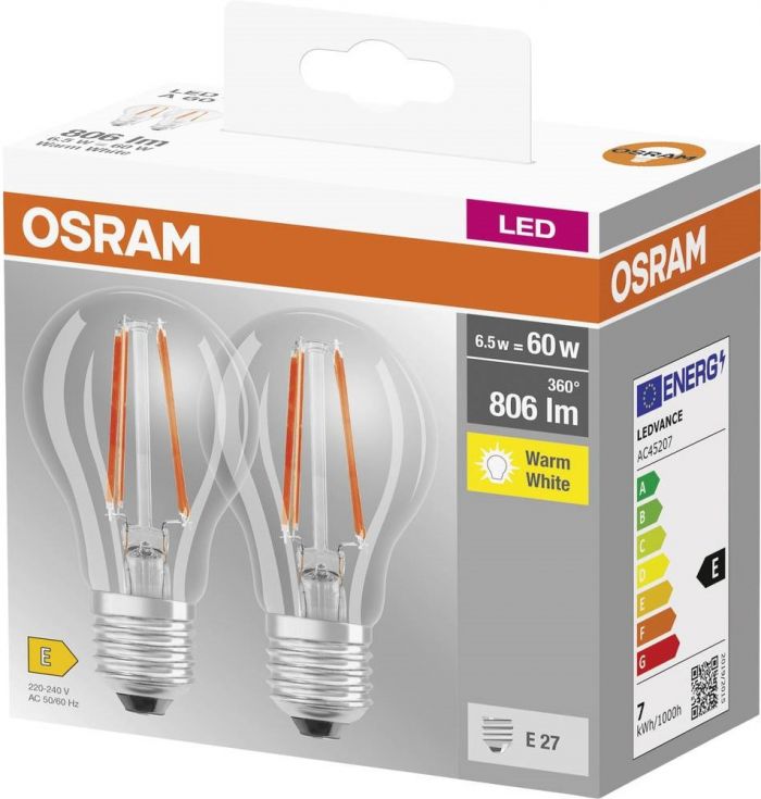 Набір ламп 2шт OSRAM LED E27 6.5Вт 2700К 806Лм A60