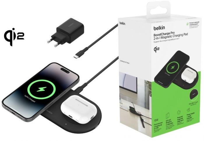 Зарядний пристрій бездротовий Belkin 2в1 15Вт Pad Qi2, чорний