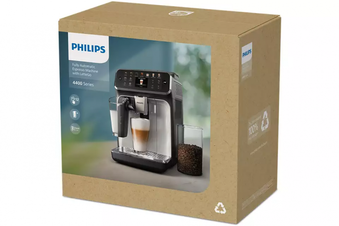 Кавомашина Philips Series 4400 LatteGo, 1.8л, зерно+мелена, автомат.капуч, дисплей, авторецептів -12, біло-срібна