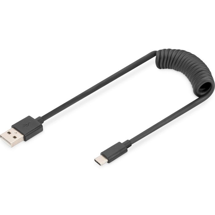 Кабель USB-C > USB-A заряджання/синхронізації, DIGITUS, 1м, Type-C, спіральний, чорний