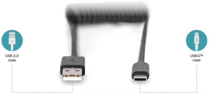 Кабель USB-C > USB-A заряджання/синхронізації, DIGITUS, 1м, Type-C, спіральний, чорний