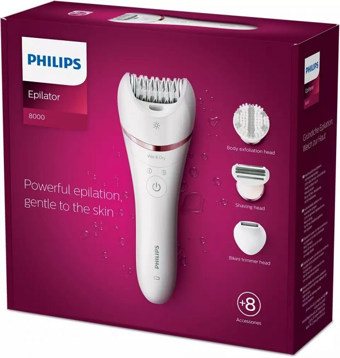 Епілятор Philips 8000 series дисковий, аккумул., пінцет.-32, волог.+сух., насадок-7, футляр, білий