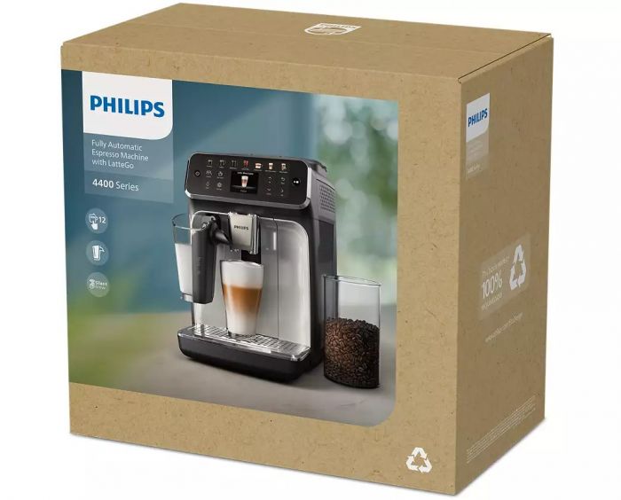 Кавомашина Philips Series 4400 LatteGo, 1.8л, зерно+мелена, автомат.капуч, дисплей, авторецептів -12, чорний