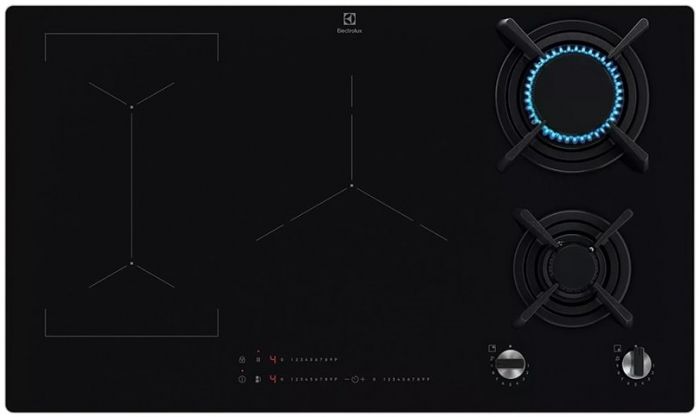 Варильна поверхня Electrolux комбінована (2 газ + 3 інд), 90см, розширена зона, чавун, чорний