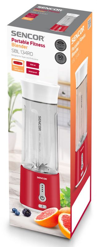 Блендер Sencor портативний для смузі 150Вт, чаша-500мл, USB-C, біло-червоний