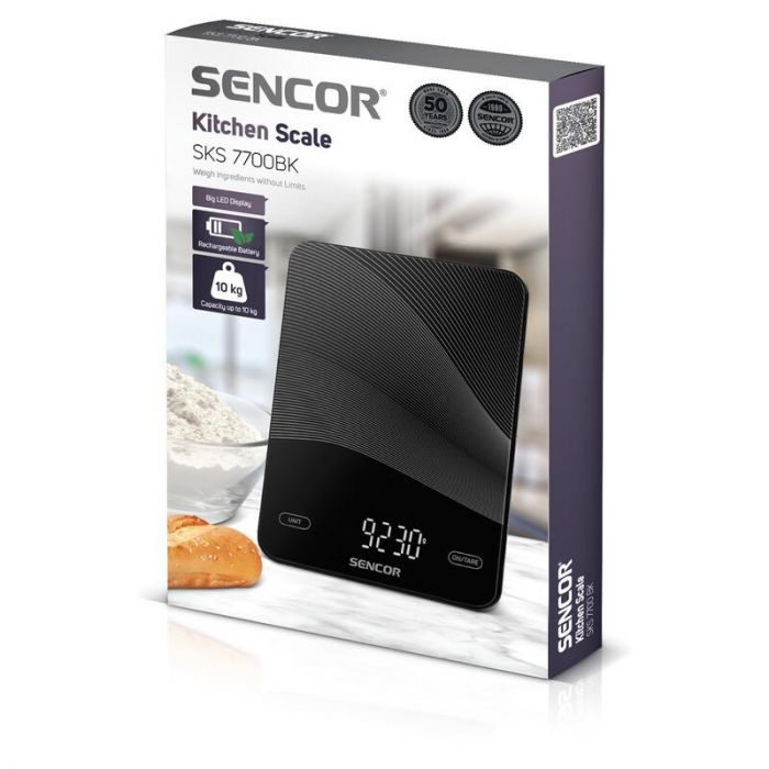 Ваги Sencor кухонні, 10кг, акумулятор 250mAh, USB-C, сенс. керув., пластик, чорний