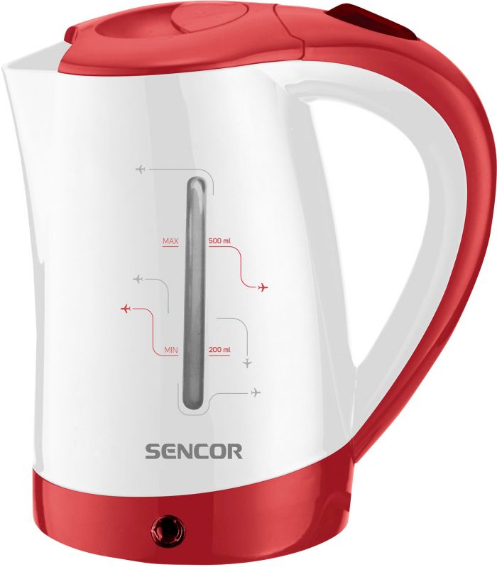 Електрочайник Sencor 0.5л, Strix, пластик, в комплекті 2 склянки + 2ложки, біло-червоний