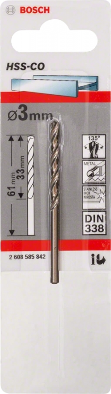 Свердло по металу Bosch HSS-Co, DIN 338, 3х33мм, 1шт