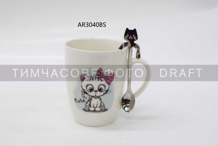 Чашка з ложкою Ardesto Cute, 320мл, порцеляна, нержавіюча сталь, білий