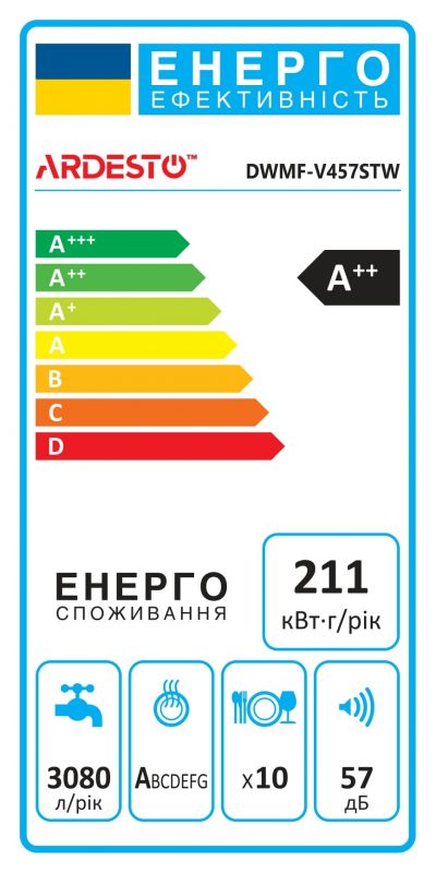 Посудомийна машина ARDESTO, 10компл., А++, 45см, дисплей, обробка парою, білий