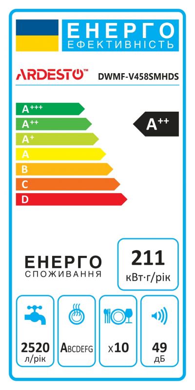 Посудомийна машина ARDESTO, 10компл., А++, 45см, дисплей, гігієн.обробка, сріблястий