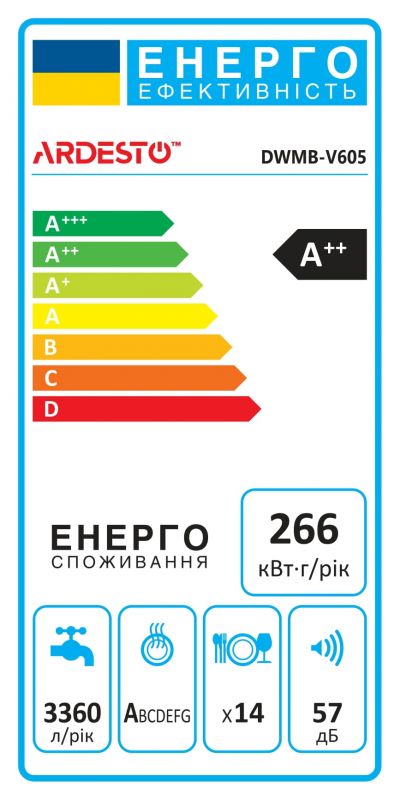 Посудомийна машина ARDESTO вбудовувана, 14компл., А++, 60см, дисплей, білий