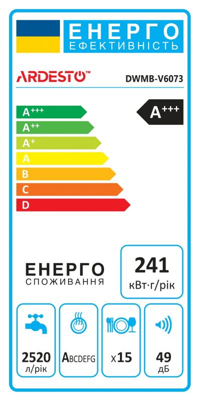 Посудомийна машина ARDESTO вбудовувана, 15компл., А++, 60см, дисплей, 3й кошик, чорний