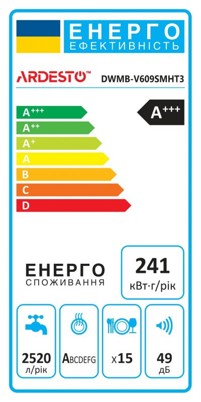 Посудомийна машина ARDESTO вбудовувана, 15компл., А++, 60см, дисплей, 3й кошик, гігієн.обробка, чорний