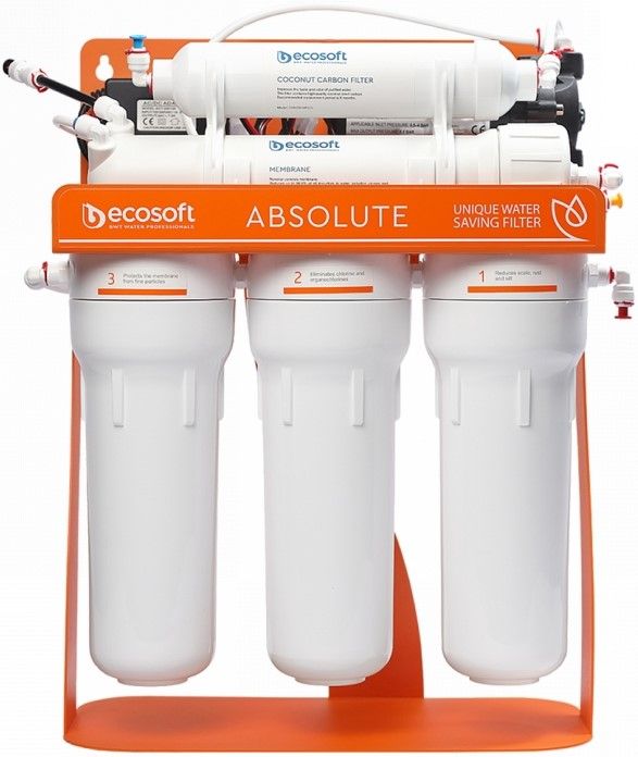 Фільтр зворотного осмосу Ecosoft Absolute з помпою на станині, мембрана 75gpd DuPont, дренаж 1:1