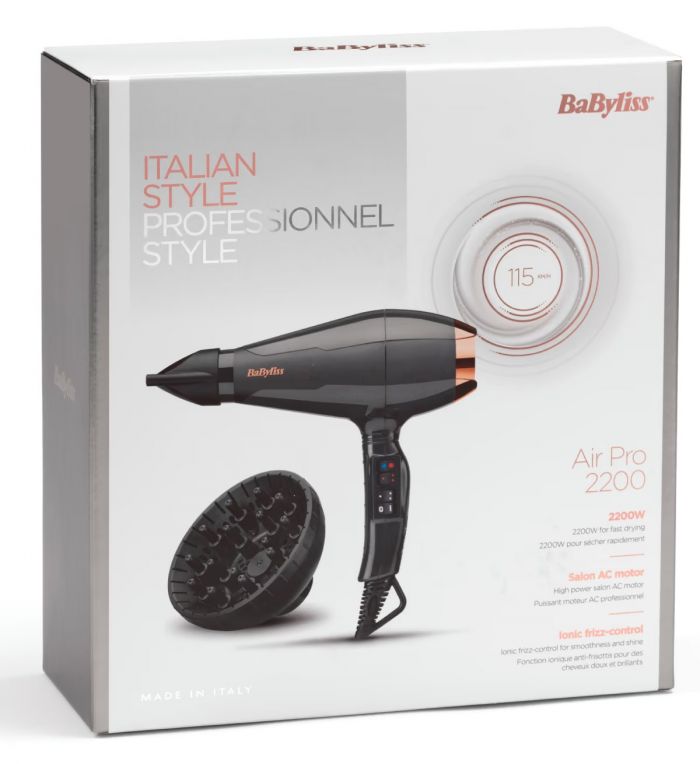 Фен Babyliss Air Pro, 2200Вт, 2 режими, дифузор, іоніз-я, хол. обдув, чорний