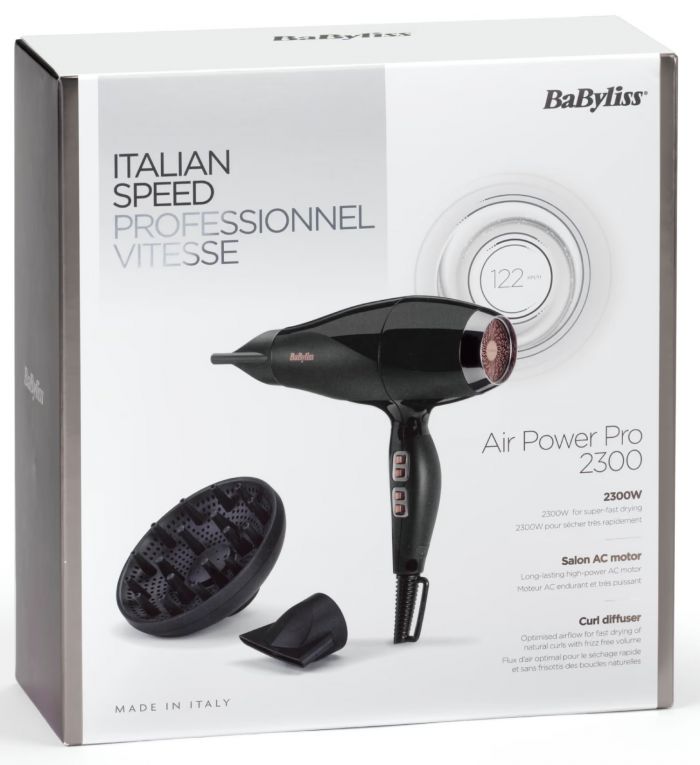 Фен Babyliss Air Power Pro, 2300Вт, 3 режими, дифузор, іоніз-я, хол. обдув, кераміка, чорно-рожевий