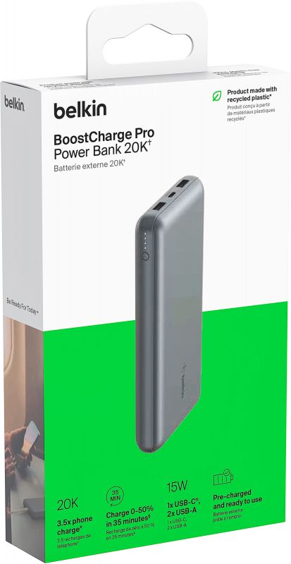 Акумулятор портативний літій-іонний Power Bank Belkin 10000мА·год, 15Вт, 2хUSB-A/USB-C, cірий