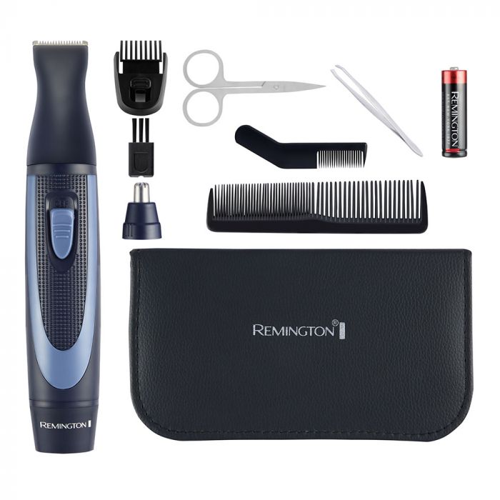 Набір дорожній Remington TRAVEL KIT, для бороди, вусів, носа та вух, насадок-3, чохол, гребінець, пінцет, кусачки, ножиці, сталь, чорно-синій