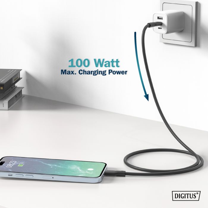Кабель USB-C заряджання/синхронізації, DIGITUS, 2м, USB 3.2 Gen1, 5G, 100W, 4K, силіконовий, чорний