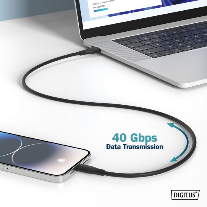 Кабель USB-C заряджання/синхронізації, DIGITUS, 1м, USB 4.0 Gen3, 40G, 240W, 8K, силіконовий, чорний