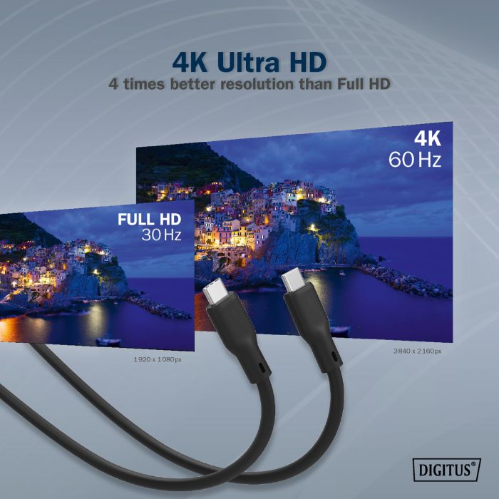 Кабель USB-C заряджання/синхронізації, DIGITUS, 1м, USB 3.2 Gen2, 10G, 100W, 4K, силіконовий, чорний