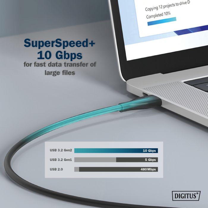 Кабель USB-C заряджання/синхронізації, DIGITUS, 1м, USB 3.2 Gen2, 10G, 100W, 4K, силіконовий, чорний