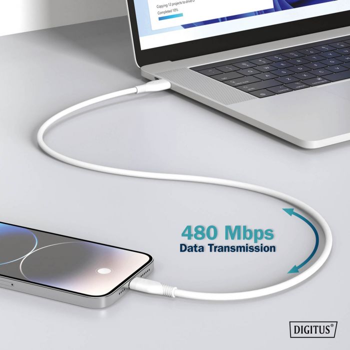 Кабель USB-C > USB-C заряджання/синхронізації, DIGITUS, 1м, USB 2.0, 60W, силіконовий, білий