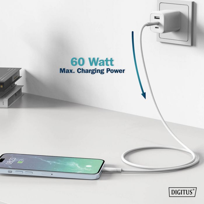 Кабель USB-C > USB-C заряджання/синхронізації, DIGITUS, 1м, USB 2.0, 60W, силіконовий, білий