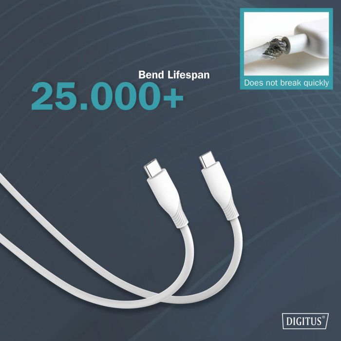 Кабель USB-C > USB-C заряджання/синхронізації, DIGITUS, 1м, USB 2.0, 60W, силіконовий, білий