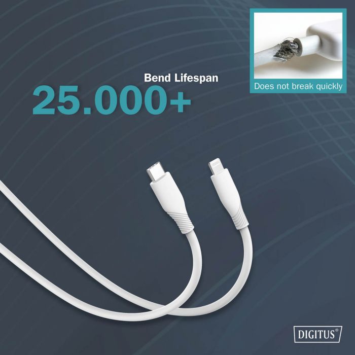 Кабель USB-C > Lightning заряджання/синхронізації, DIGITUS, 2м, USB 2.0, 60W, силіконовий, білий
