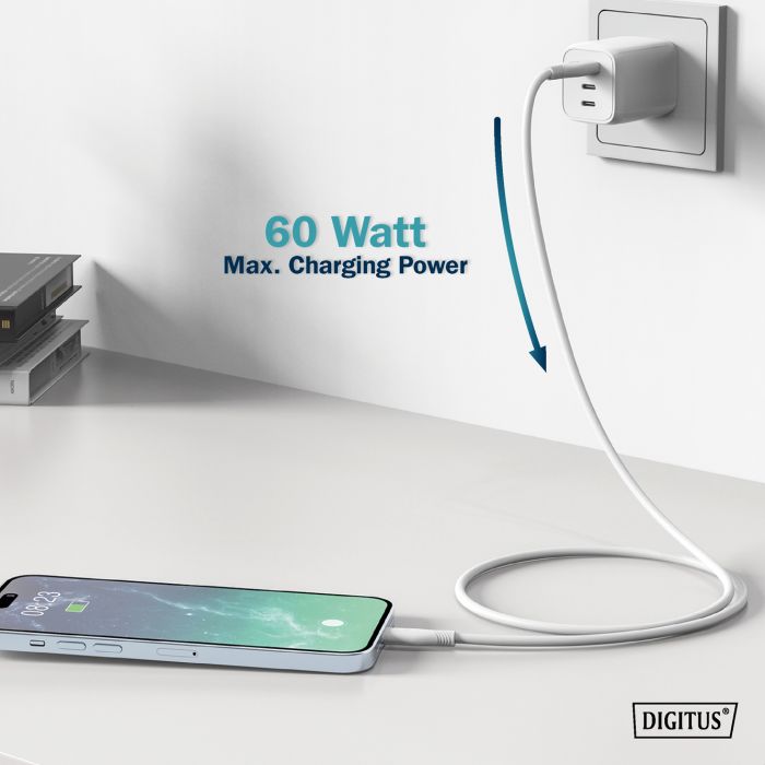 Кабель DIGITUS USB-A > USB-C заряджання/синхронізації, USB 2.0, 60W, силіконовий, 2м, білий