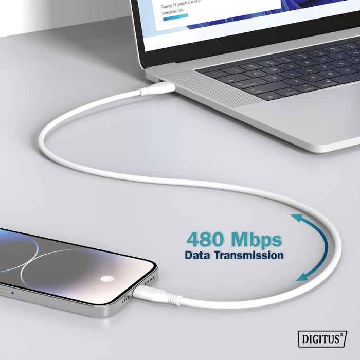 Кабель DIGITUS USB-A > USB-C заряджання/синхронізації, USB 2.0, 60W, силіконовий, 2м, білий