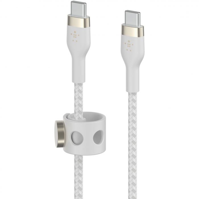 Кабель USB-C > USB-C заряджання/синхронізації Belkin 2м, 60Вт, Type-C, плетений, силіконовий, з ремінцем на магніті, білий