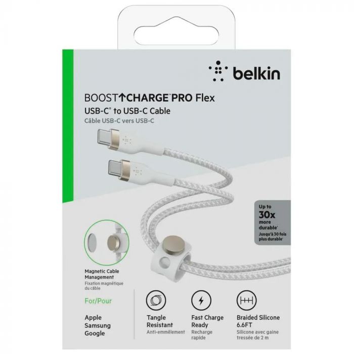 Кабель USB-C > USB-C заряджання/синхронізації Belkin 2м, 60Вт, Type-C, плетений, силіконовий, з ремінцем на магніті, білий