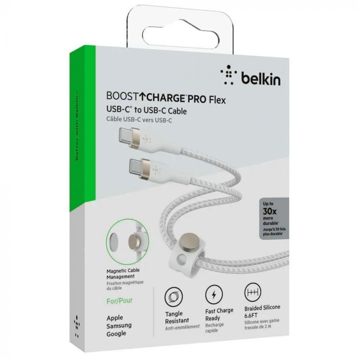 Кабель USB-C > USB-C заряджання/синхронізації Belkin 2м, 60Вт, Type-C, плетений, силіконовий, з ремінцем на магніті, білий