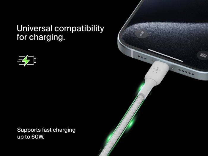 Кабель USB-C > USB-C заряджання/синхронізації Belkin 2м, 60Вт, Type-C, плетений, білий