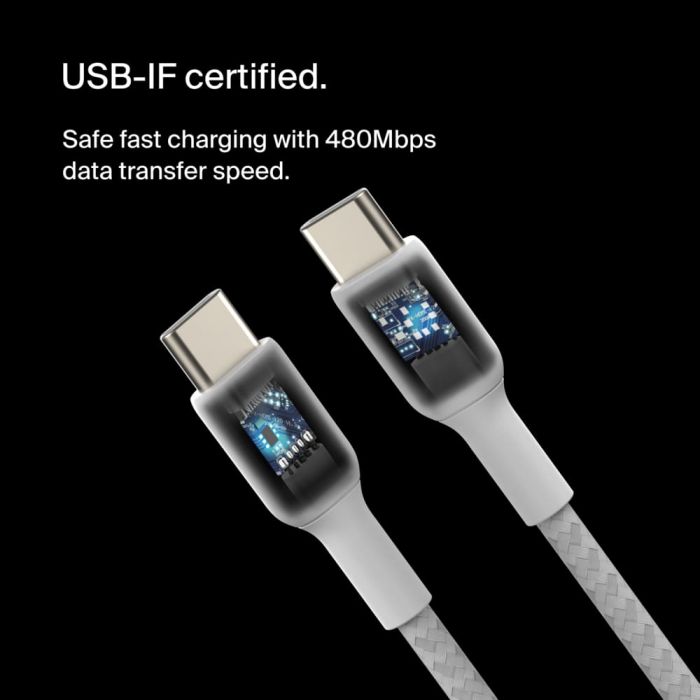 Кабель USB-C > USB-C заряджання/синхронізації Belkin 2м, 60Вт, Type-C, плетений, білий