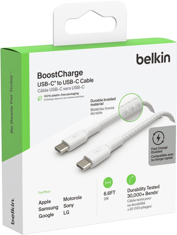 Кабель USB-C > USB-C заряджання/синхронізації Belkin 2м, 60Вт, Type-C, плетений, білий