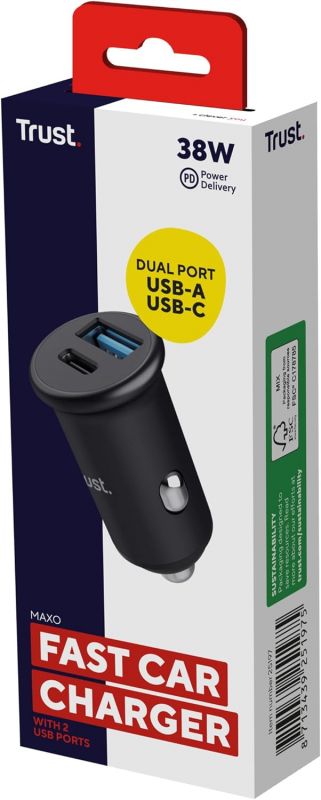 Зарядний пристрій автомобільний Trust 38Вт USB-A/USB-C PD, QC, чорний