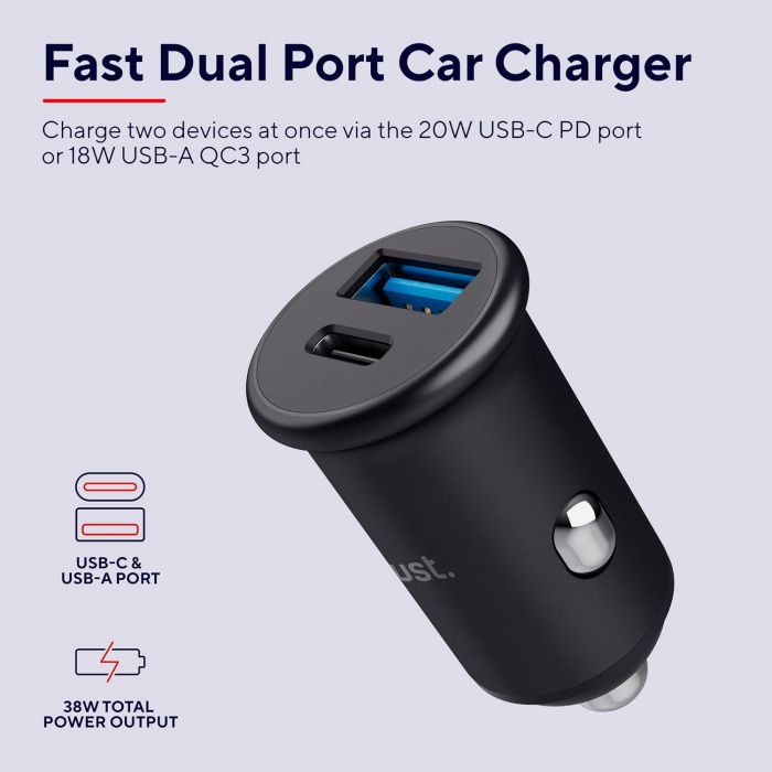 Зарядний пристрій автомобільний Trust 38Вт USB-A/USB-C PD, QC, чорний